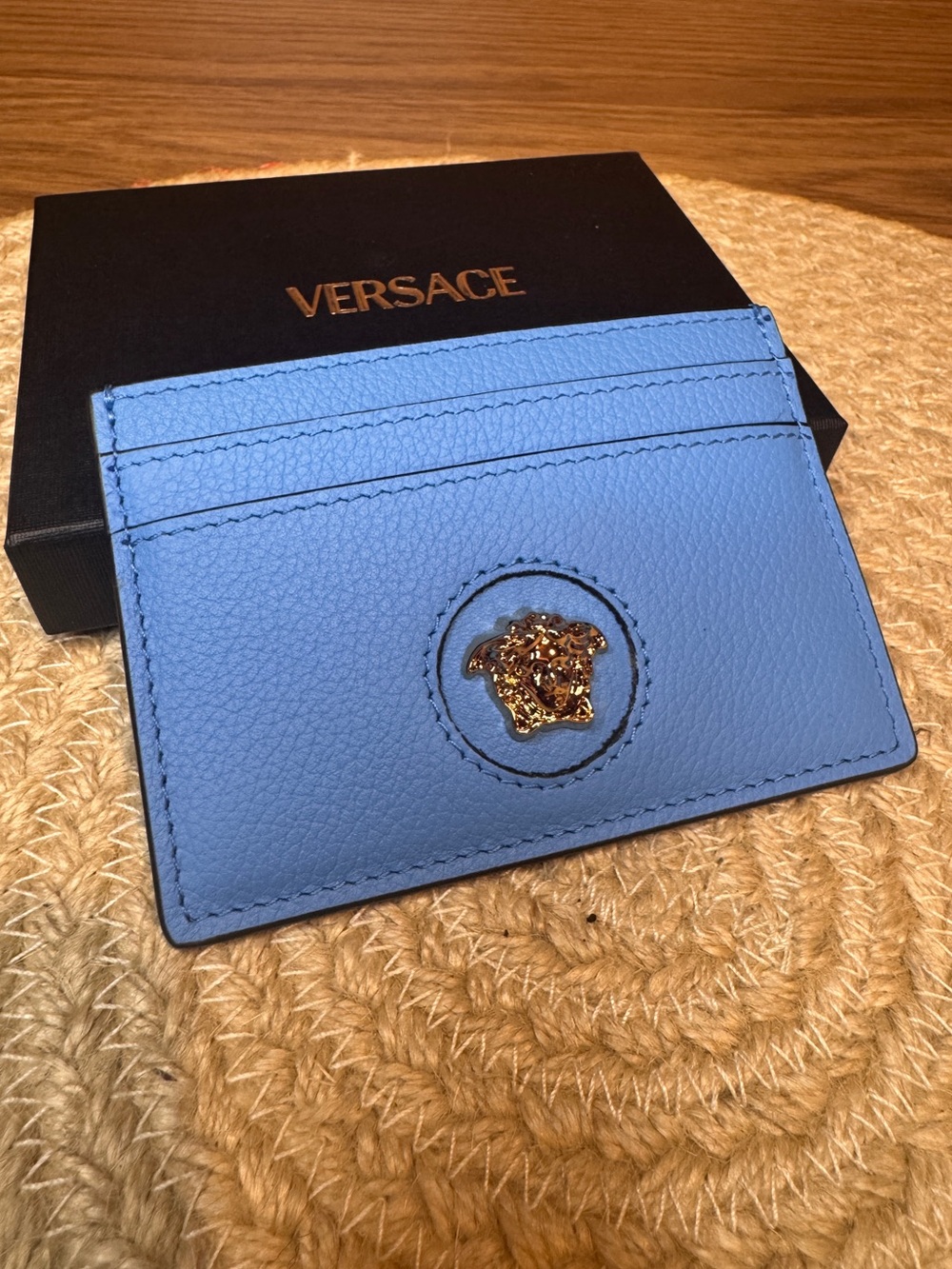 NEW Versace La Medusa Azure Blue Leather Card Holder Wallet With Box And Papers